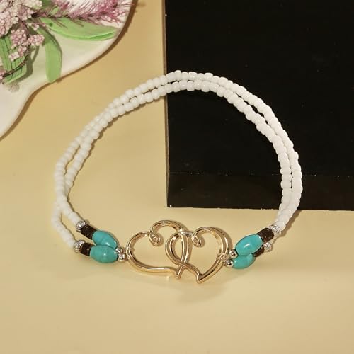 Image of Elastic Beaded Ankle Bracelets for Women Double Heart Layered Stretch Ankle Bracelets Waterproof Dainty Boho Beaded Anklets for Summer Beach Foot Jewelry