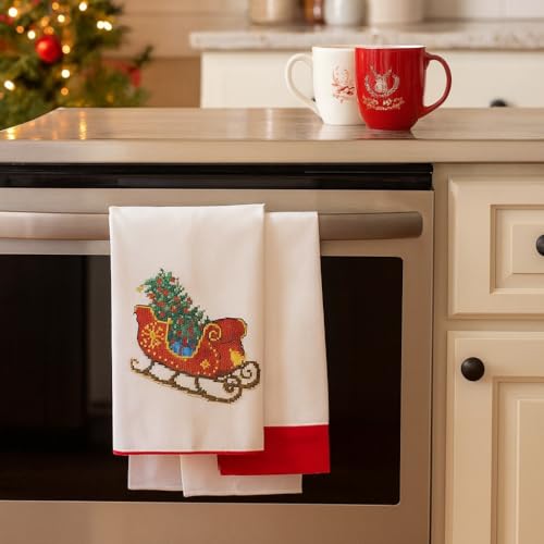 Image of LEISURE ARTS Stamped Tea Towel, Sleigh, 17x28 Inch, Perle Edge, 2 Pack | Pre-printed sleigh design, 17x28 in percale fabric 51% cotton 49% polyester. Perle edge. Stitch chart. Pack of 2.