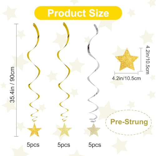 Image of BEISHIDA Gold Glitter Stars Hanging Swirls Pre-Strung Hanging Ornament Decorations for Wedding Anniversary Retirement Graduation New Year Birthday Party Decorations,Pack of 15