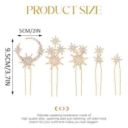 Unicra Star Moon Bride Wedding Hair Pins Crystal Bridal Hair Pieces Rhinestone Goddess Hair Accessories for Women and Girls (Pack of 5) (Gold)