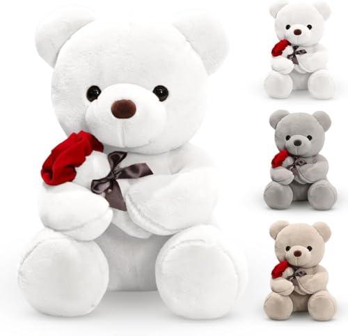 BRIMOREA Kuscheltier Teddybär Stofftier, Plüschbär, 23cm Teddybär Stofftier mit Rose, Kuscheltier Bär Geschenke für Mama, Kinder Mädchen, Geburtstag, Valentinstag (Weiß)