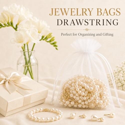 Image of ANZNKU 50 Pack Organza Bags 5 x 7 in White Small Mesh Gift Bags Bulk Drawstring for Wedding Party Favors, Little Goodie Bag for Candy Jewelry Soap Makeup, Treat Sachet Pouch for Baby Shower Graduation