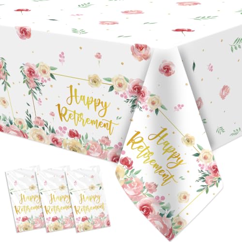 FVABO Retirement Decorations Party Tablecloth for Women Girl 3Pcs Disposable Gold and Pink Floral Happy Retirement Party Table Cover Supplies for Teacher Family Workplace Farewells 55in x 86in