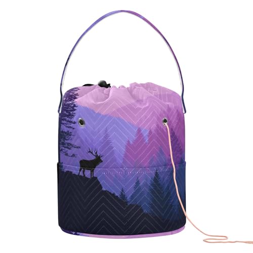 Image of ElliTarr Crochet Bag Yarn Bag with Handle Portable Knitting Project Bag Travel Yarn Storage Organizer Holder Case Purple Stag Forest Trees