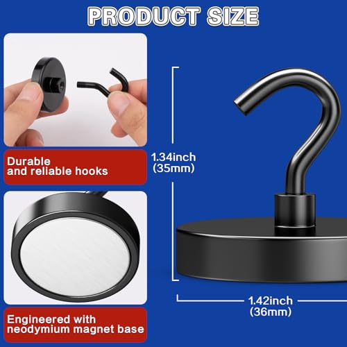 Image of 6 Pack 170lbs Strong Magnetic Hooks, Magnet Hooks Heavy Duty | Black Magnetic Hooks for Cruise Cabins, Magnet with Hooks, Metal Magnetic Hook for Hanging, Refrigerator, Garage, Outdoor