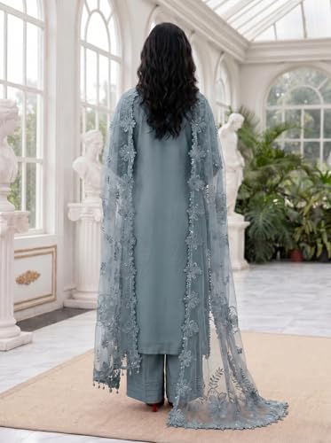 Image of RUDRAPRAYAG Faux Georgette Fabric With Heavy Embroidered Sequence With Khatli Work Semi Stitched V-Neck Salwar Suit Sharara With Dupatta For Women