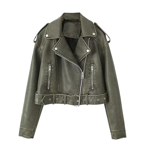Manteau vintage en simili cuir vert pour femme avec ceinture taille L