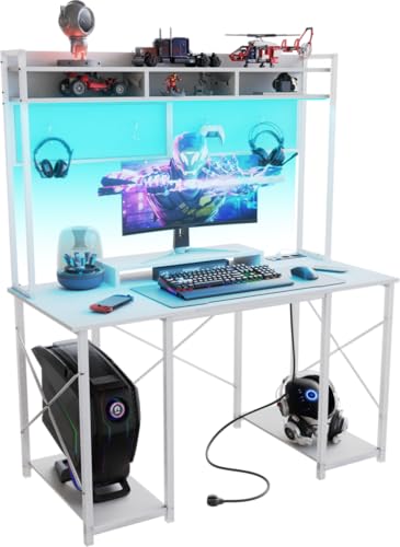 TRIUMPHKEY Escritorio de Ordenador con LED, 120x60cm Escritorio de Juego con Soporte y Estante de Almacenamiento, Mesa Gaming Ergonómico con Enchufe y 2 Tomas USB para Salas de Juego y Oficina Blanco