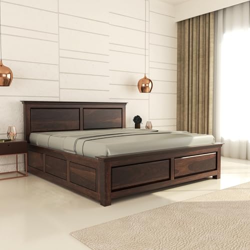 Image of Sheesham Wood Queen Size Bed with Storage Box | Wooden Box Bed Queen Size Double Cot Bed with Storage for Bedroom | Premium 2 Dalla Design Headboard Bed for Living Room | Walnut Finish
