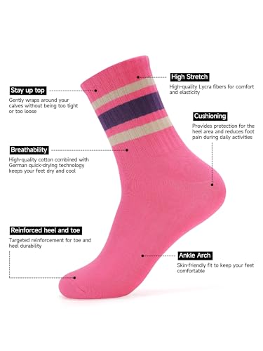 Image of Forony Women Tube Socks Anti Odor Crew Soft Combed Cotton Quick Dry Moisture Wicking Breathable Socks with Strips