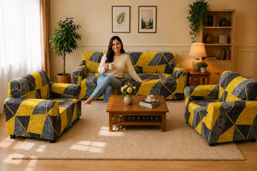 Image of Gifts Island Sofa Cover 3 Seater and 2 Seater Fully Covered Universal 5 Seater Sofa Cover Non-Slip Sticky Elastic Stretchable Sofa Set Slipcover Protector for (3+1+1 Seater) (Yellow Prism)