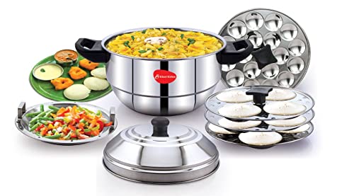 Image of KLASSI KICHEN Stainless Steel Idli Cooker with 3 Plates & 1 Mini Idli Plate |Idli Steamer with Bakelite Handle |Gas Stove & Induction Compatible |Idli Dhokla & Modak Maker | Kitchen Accessories | Silver