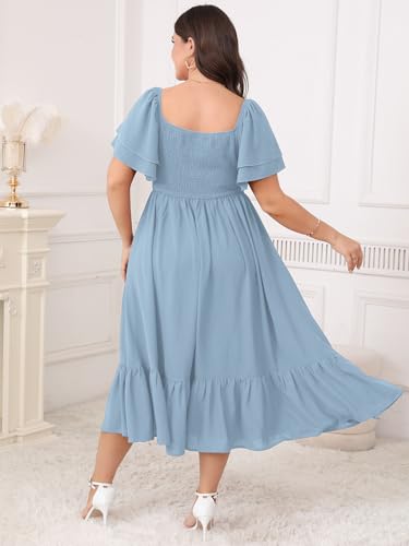 Image of SCOMCHIC Womens Plus Size Wedding Guest Cocktail Dresses Sweetheart Neckline Short Sleeve Smocked Ruffle Slit Maxi Dress
