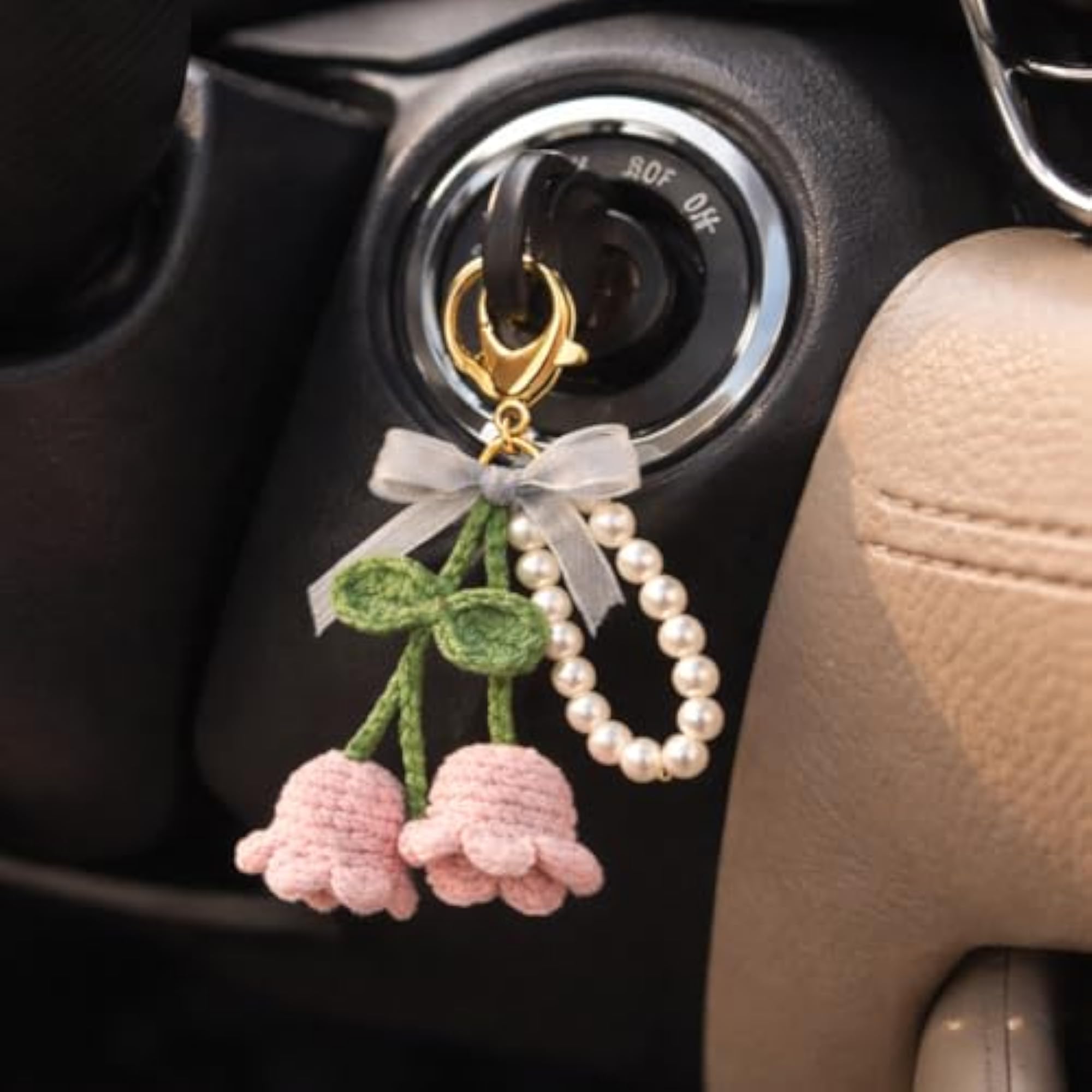 Crochet Tulip Keychain with Pearl Bead Chain