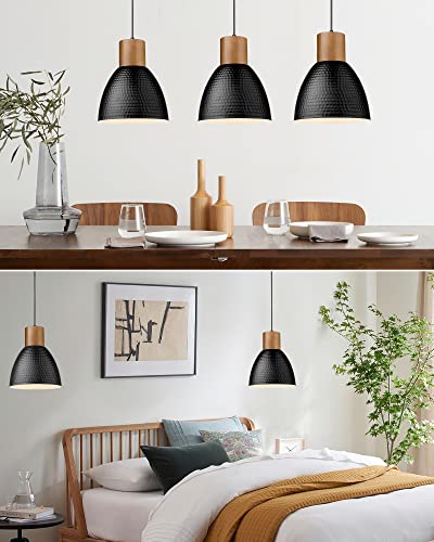 Elyona Industrial Pendant Light, Rubber Wood Hanging Lamp With Hammered Metal Shade, Modern Pendant Light Fixtures For Kitchen Island, Bar, Farmhouse Dining Room, Bedroom, Living Room - Black #TOP5
