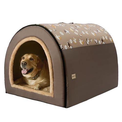 Jiupety Hundehütte Indoor Große Hunde Isoliert,2-in-1 Hundehöhle Kuschelhöhle, Größe 3XL (99 x 81 x 71 cm) Hundehaus für Drinnen, Dog House, Welpenbraun