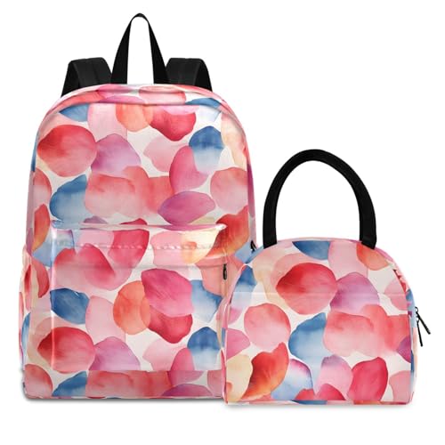 Backpack Lunch Box Set Large Capacity Travel Backpacks and Insulated Lunch Bag for Commute Hiking Picnic Watercolor Floral Red Print