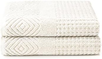 Texere 100% Organic Cotton Diamond Jacquard 700 GSM Luxury Bath Towel Sets - Ultra Soft and Absorbent Hotel and Spa Quality (Diamond, Cream, 2 Bath Towels)