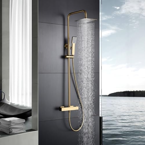 Colonne douche thermostatique or brossé IMEX avec mitigeur et robinet bain