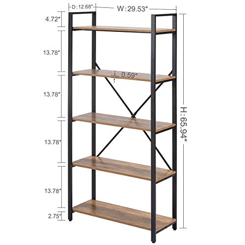 Fatorri 5 Tier Industrial Bookshelf, Rustic Etagere Bookcase For Display, Vintage Shelving Unit Wood And Metal Book Shelves For Home Office ( Rustic Oak) #TOP5