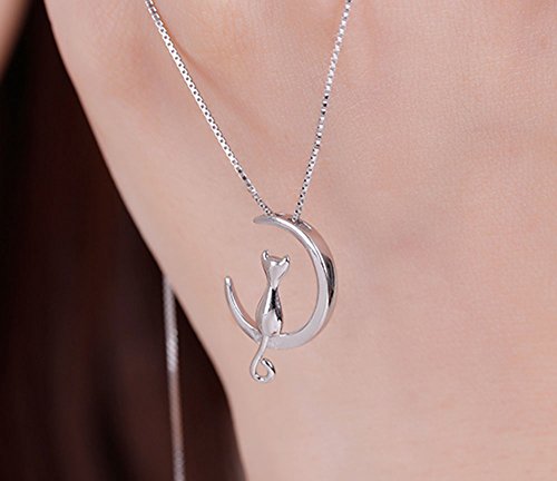 925 Sterling Silver Moon Cat Necklace Cat Pendant Necklace4