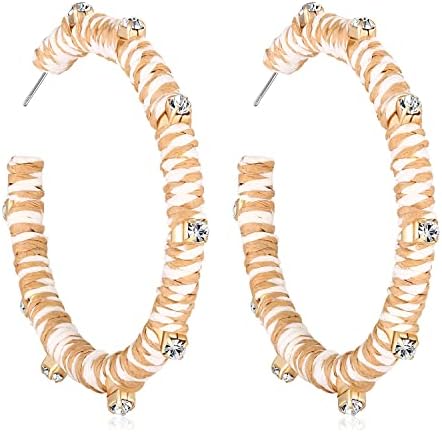 Rattan Earrings for Women Boho Statement Rhinestone Rattan Big Hoop Earrings Handmade Raffia Woven Straw Wicker Earrings Summer Beach Jewelry Gifts