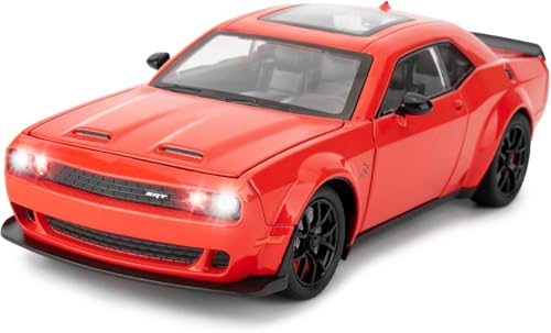 Image of 1 /24 Dodge Challenger Hellcat Model Car, Zinc Alloy Pull Back Toy car with Sound and Light for Kids Boy Girl Gift (Red)