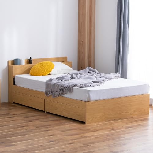 アイリスプラザ ベッド ベッドフレーム シングル ナチュラル 2口コンセント付き 収納ベッド キャスター付き 引き出し おしゃれ たっぷりコンセント 棚 すのこ ナチュラル ホテルライク ホテル使用 スマホ充電 快適 幅約97×奥行約209.2×高さ約69 STB-S
