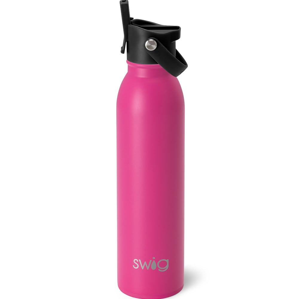 Swig Life Isolierte Wasserflasche, Reise-Wasserflasche mit Strohhalm und Deckel, Becherhalterfreundlich, Edelstahl, matt, Hot Pink, 590 ml