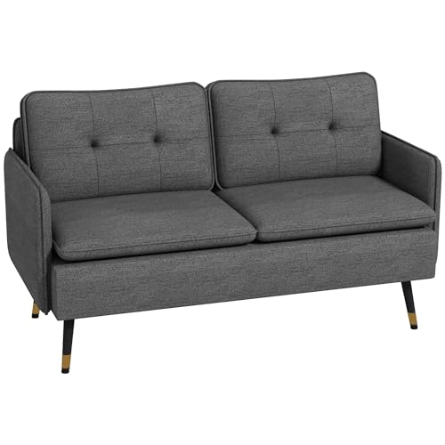 HOMCOM Sofá de 2 plazas de diseño escandinavo en Tejido Efecto Lino Gris Oscuro con Ribete 139 x 68 x 80 cm