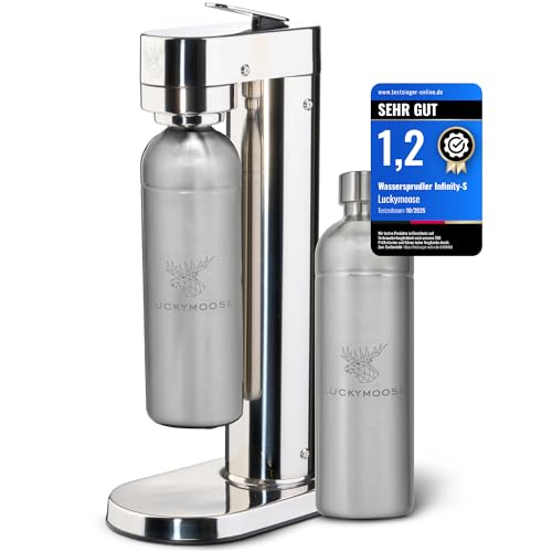 Luckymoose Infinity-S Wassersprudler aus hochwertigem Edelstahl (Silver/Silver) – inkl. 2x 1,25L Edelstahlflaschen – extra hygienische herausnehmbare Düse – Langlebige CO₂ Sprudelwasser Maschine
