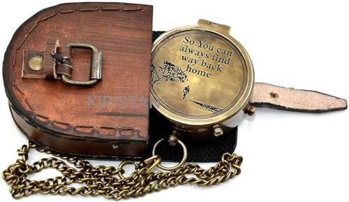 Brújula de bolsillo grabada – “Para que siempre puedas encontrar tu camino de regreso a casa” – Brújula vintage de latón con estuche de cuero para senderismo, camping y navegación | Regalo de aniversario o cumpleaños para él o ella miniatura 6