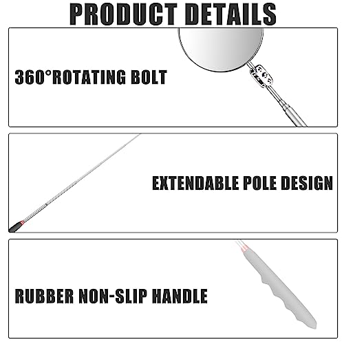 5er-PackVersenkbar Inspektionsspiegel Kit: Teleskopspiegel Teleskop Magnet Werkzeug mit LED Lampe, Quadratisch und Runder Inspektionsspiegel Teleskopgriff 360 Drehbar Pick up Tool Set