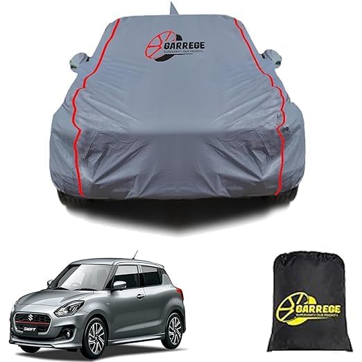 Maruti New Swift Waterproof Car Body Cover with Mirror and Anteena Packets 150 GSM Grey Fabric with Piping Style for All Weather Protection Car Cover
