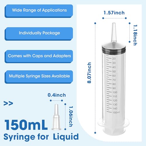 Image of 150mL Plastic Syringe for Liquid - 20 Pack Large Syringes with Adapter | Individually Wrapped for Scientific Labs, Feeding, Oil Filling