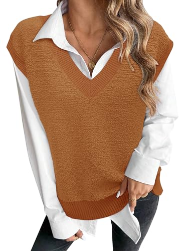 Arach&Cloz Women Sweater Vest 2024 Fall Fleece Sleeveless V Neck Loose...