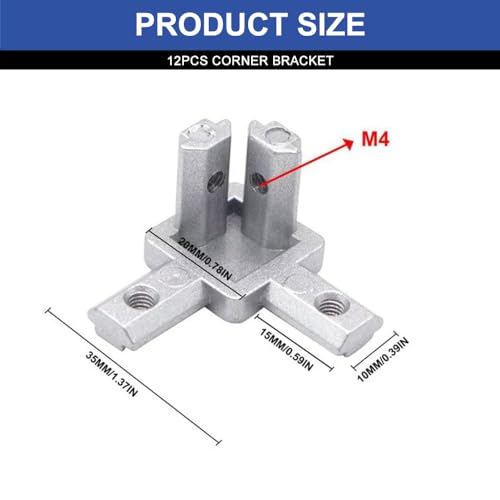 Image of 12pcs 2020 3-Way Angel Bracket Corner Connector 2020 A num Extrusion Hardware T-Slot Accessories V-Slotted with Screws for 2020 A num Profile 3D Printer Frame Parts Silver