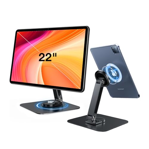 Missun Magnetic Tablet Holder with Strong Base, Desk Stand for iPhone/Android/iPad, Adjustable Mobile Support for iPhone 16/15/14/13/12 Series, Foldable Travel Monitor Stand, Multi-Angle
