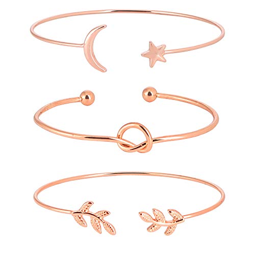ASHMITA 3Pcs Rose Gold Bangle for Women Simple Olive Leaf|Star Month|Knot Heart Cuff Bracelet Gift Jewelry