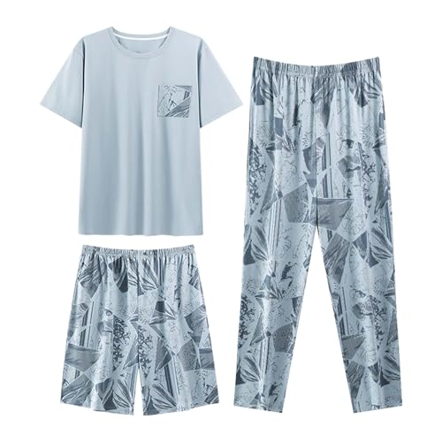 Men's Pajama Set 3 Pieces 100% Cotton Sleep Cozy Lounge Sleep Set Bottoms Pants T-Shirt Pajama Shorts for Men