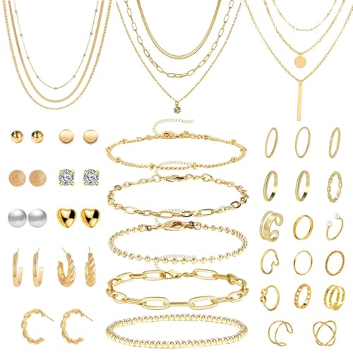 DAVBNM 40Pcs Gold Jewelry Sets Rings Bracelets for Women Layered Necklace Chunky Knuckle Rings Womens Jewellery Set Fashion Necklace Stack Waterproof Gold Jewellery Set for Women