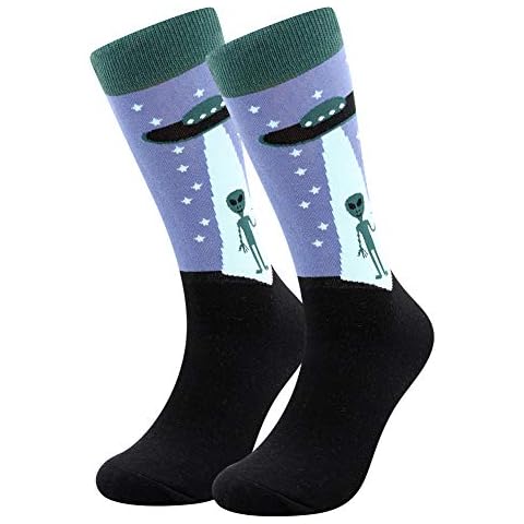 BONANGEL Men's Dress Cool Colorful Fancy Novelty Funny Casual Combed Cotton Crew Socks Pack, Men's Fun Dress Socks Patterned Office Socks,Mid Calf Cool Crazy Socks (1 Pair-Alien) Cover