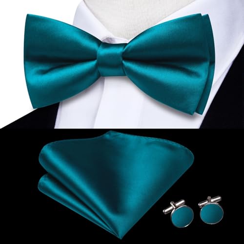 Image of Hi-Tie 5Pcs Mens Solid Color Silk Tie Satin Pretied Bowtie Lapel Pin for Men Handkerchief Cufflink Wedding Gift Box
