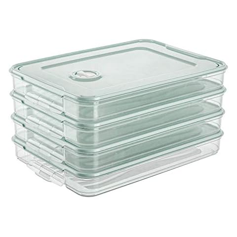 Fridge Food Holder Dumpling Storage Box Case Food Organizer Tray Container Single Layer Stackable with Lid Plastic Green 3PCS Cover