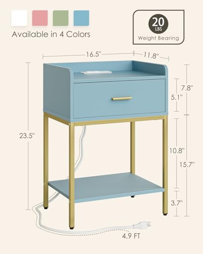 Image of Masupu Nightstand with Charging Station,3-Tier Modern Bedside Night Stand with Storage Drawer and Shelf,Small End Side Table for Bedroom,Living Room,Gold and Blue