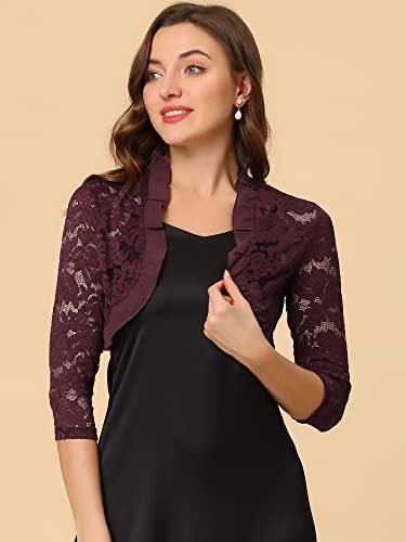 Image of Allegra K Women's Elegant Lace Cardigan Ruffle Collar Crop 3 /4 Sleeve Sheer Bolero Floral Lace Shrug Top