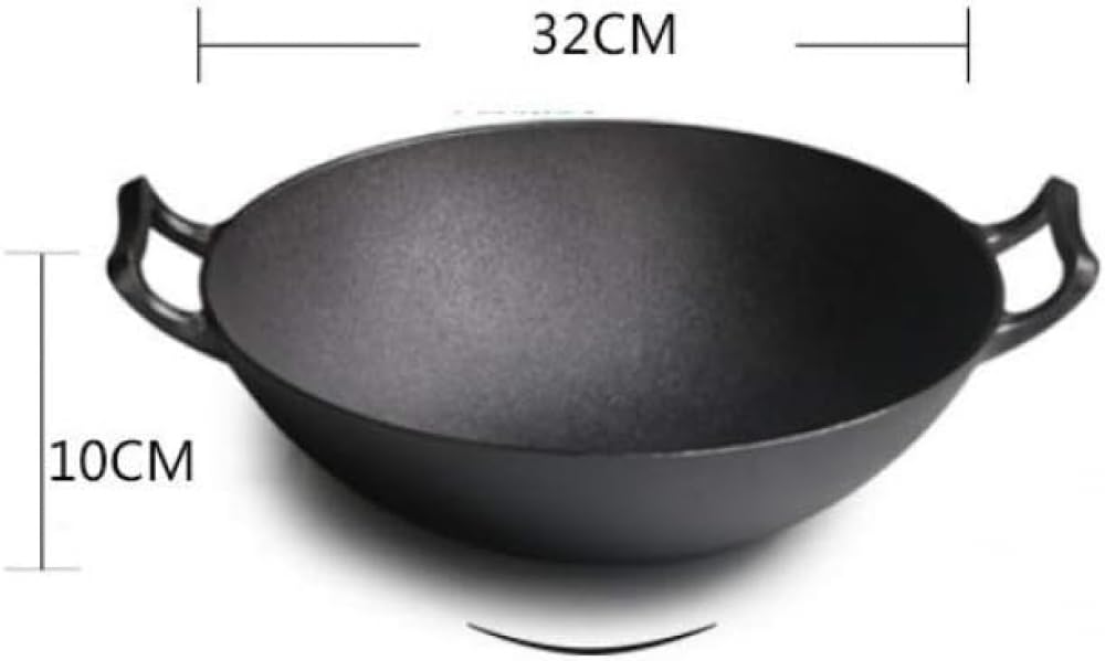 Wok mit rundem Boden, Doppelohr-Wok, Gusseisen, unbeschichtet, Vintage-Stil, verdickter Gusseisentopf, Infinity-Wok, 36 cm