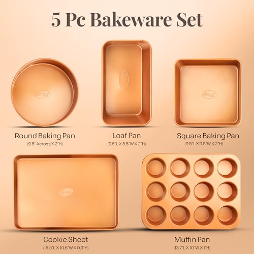 Gotham-Steel-Non-Stick-Ceramic-Bakeware-Set-5-Piece-No-Warp-Dishwasher-Safe-Baking-Set-Baking-Pans-Set-with-Round-Square-Baking-Pan-Muffin-Pan-Loaf-Pan-Baking-Sheet-for-oven-100-PFOA-Free Gotham Steel Non Stick Ceramic Bakeware Set 5 Piece No Warp Dishwasher Safe Baking Set Baking Pans Set with Round Square Baking Pan Muffin Pan Loaf Pan Baking Sheet for oven 100 PFOA Free