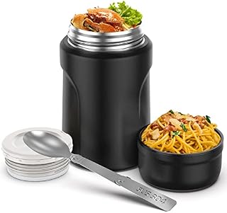JIM'S STORE Insulated Hot Food Flask with Folding Spoon, 500ml Stainless Steel Vacuum King Food Jar Black
