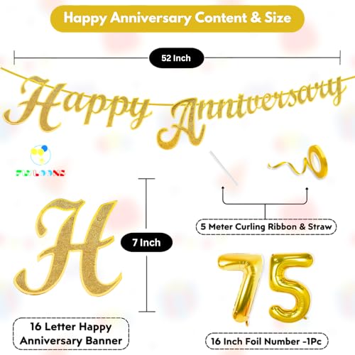 Image of Flyloons 75th Happy Anniversary Banner Gold Decorations Kit for Men Women Wedding Anniversary Banner Items without Balloons Diamond Jubilee